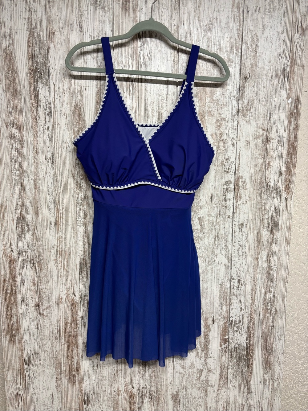 Women's Blue Skirted One-Piece Swimsuit with White Trim